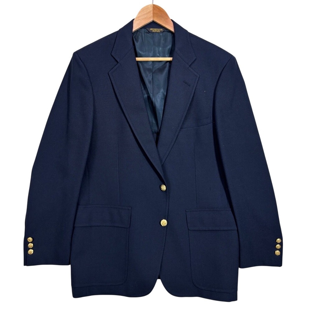 Palm Beach Mens 44R Navy Hopsack Blazer Gold Crest Buttons Sport Coat‎ USA Made